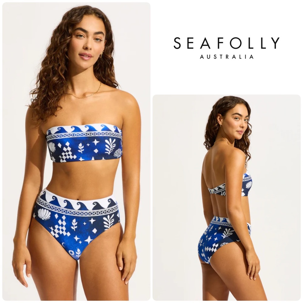 🆕 Seafolly 👙 US 6 • CORFU • High Waisted Bottom • Bandeau • Azure